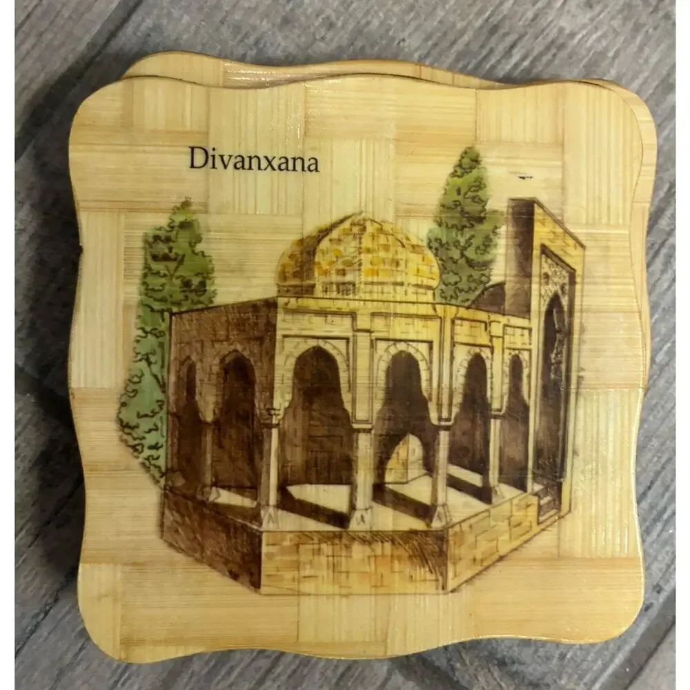 Vintage Azerbaijan Historic Landmarks Bamboo Coaster Set of 6 with Holder Baku